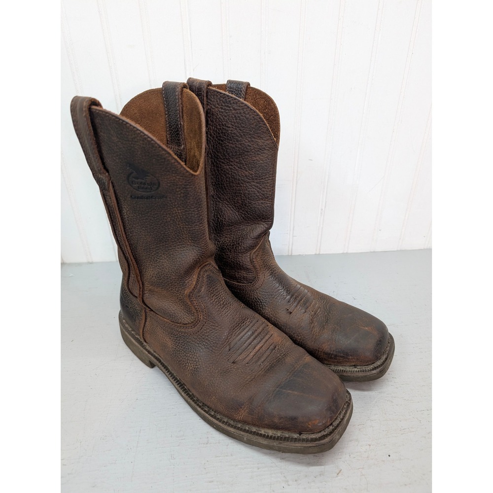 Georgia Boot Mens G006 Wellington Leather Work Boots Square Toe 9.5M Brown Ranch